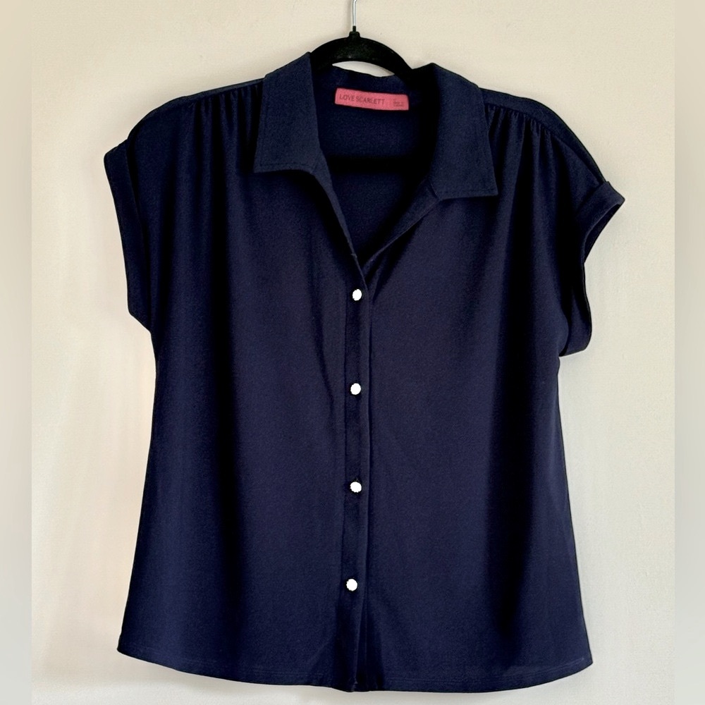 Love Scarlett Elegant Navy Blue Collared Rhinestone Button-Down Shirt SZ.M